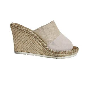 TOMS Wedge Sandals Size 10 Suede Canvas Kelsey Espadrille Slip-On Neutral
